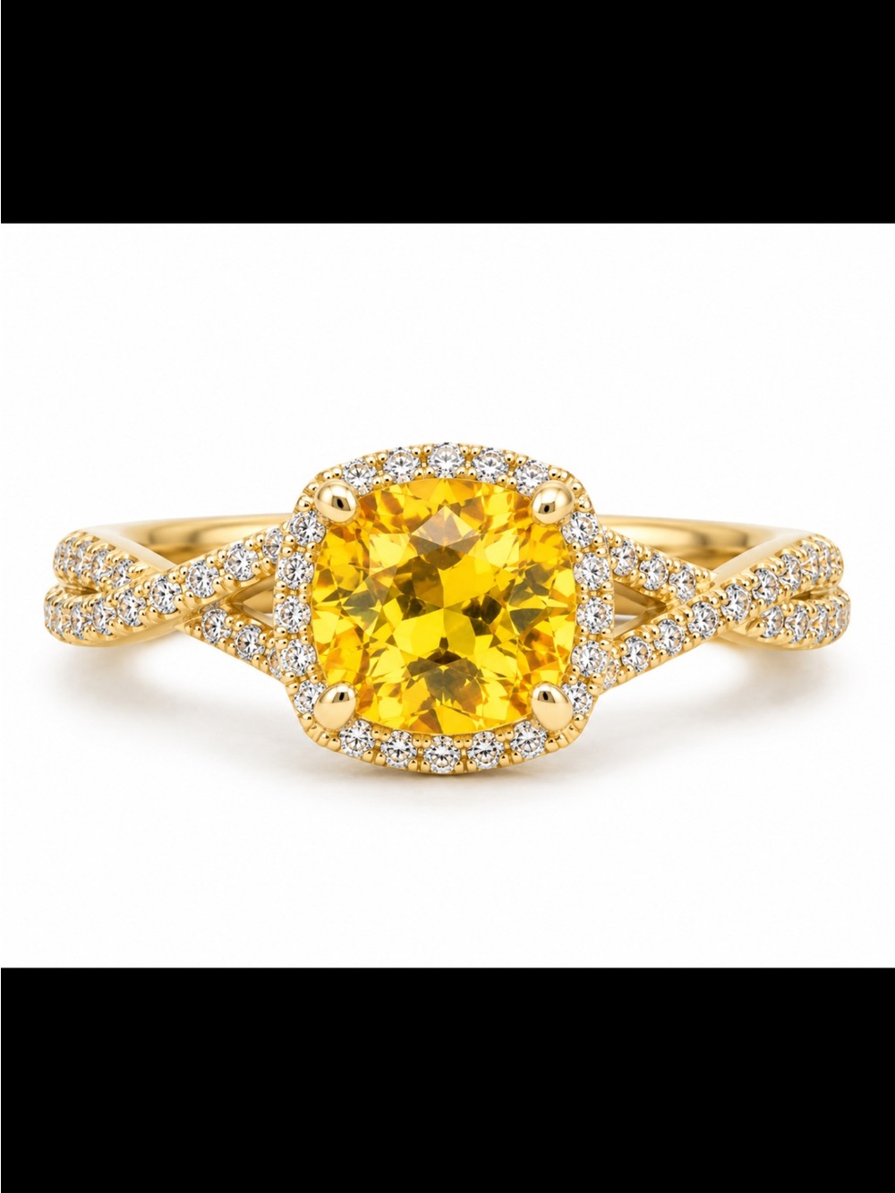 Yellow Citrine Colored CZ Stone in a Gorgeous Halo Twist Ring in Gold with Pave